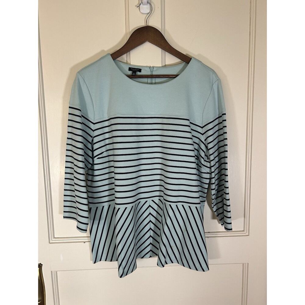 Talbots Striped Peplum Blouse Womens Size 2XP Light Blue Black Classic Casual